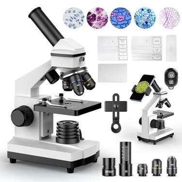 PalliPartners Compound Microscope for Adults Students 100X2000X HighPower Biological Microscope for Students School Lab Home Education with Slides Set Phone Adapter White