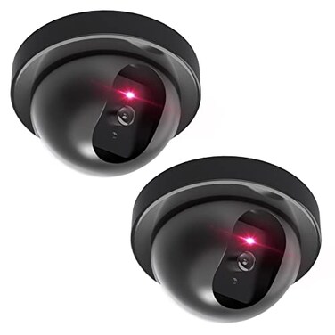 WALI Dummy Fake Security CCTV Dome Camera with Flashing Red LED Light with Security Alert Sticker Decals SD2 2 Packs Black