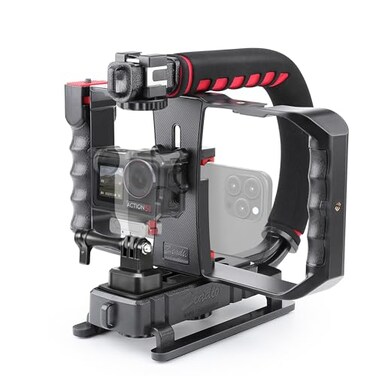 Zeadio Camera Smartphone Handheld Stabilizer Triple ColdShoe Handle Grip Compatible with All Camera Action Camera DSLR Smartphone