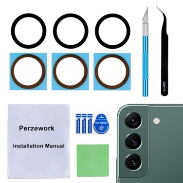 Perzework 2 Sets Back Rear Camera Lens Glass Replacement for Samsung Galaxy S22 and S22 Plus with preInstalled Adhesive and Reparing Toolkit