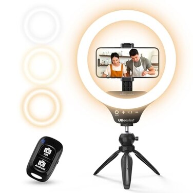 UBeesize 10 Selfie Ring Light with Tripod Stand Phone Holder Dimmable LED Ring Light for Makeup Live Streaming YouTube TikTok Compatible with iOS Android Phones