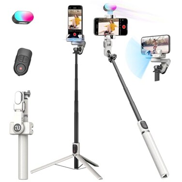 AOCHUAN Smartphone Gimbal Stabilizer Smart Face Tracking Tripod Without APP 4 in 1 Cellphone Gimbal Stabilizer for iPhoneAndroid Extended 108cm Rod with RGB Fill LightM2PRO White