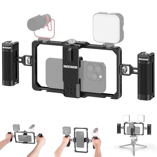 Neewer NEEWER Upgraded Phone Rig Vlogging Kit Video Stabilizer with Dual Handle Wireless Mic Clip Slot for TikTok YouTube Compatible with SmallRig iPhone 17 Pro Max 16 16e 15 Galaxy S25 Ultra PA009