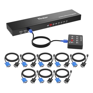 Yinker 1U Rackmount KVM Console VGA 8 Port 8 KVM Cables 8x1 USB VGA KVM Switch 4 USB Hubs Wired Desktop Selector Rack Mount Ears
