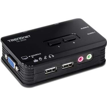 TRENDnet 2Port USB KVM Switch Kit with Audio TK209K Control Up to 2 Computers Windows Linux Mac OS Compliant 2048 x 1536 VGA Resolution NDAA TAA Compliant KVM Cables Included Black