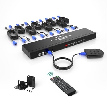 MT-VIKI MTVIKI 8 Port KVM Switch HDMI 4K30Hz 1U Rack Mount KVM Switch wIR Remote WireDesktop Controller 8 HDMI KVM Cables Rack Ears Power Adapter