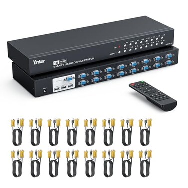 Yinker 16 Port KVM Switch Rack KVM Console VGA 16x1 w16Pack Cables IR Remote Ears Support HD 1U Rack Cabinet