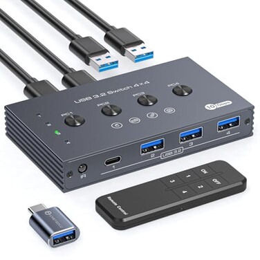 TJCXELE USB 32 Switch Selector 4 Computers Share 1 USBC 3 USBA Devices 10Gbps 4 Port USB Switcher Sharing Keyboard Mouse Printer Scanner with Cable and Remote Control and a dapter