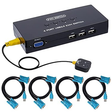 DGODRT VGA KVM Switch 4 Port USB VGA KVM Switcher for 4 Computers Share 1 Monitor 3 USB Devices Keyboard Mouse Scanner Printer Including 4 KVM Cables Desktop Control