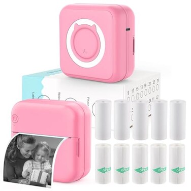 HUIJUTCHEN Inkless Mini Thermal Pocket Printer Wireless Mini Sticker Printer with 10 Rolls Thermal Paper for iOSAndroid Portable Mini Photo Printer for Notes Journal Memo Photo Study Pink