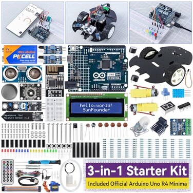 SunFounder 3in1 Super Starter Kit with Original Arduino Uno R4 Minima IoTSmart Car Projects ESP8266 WiFi Battery 50 StepbyStep Tutorials for Beginners to Engineers RoHS Compliant