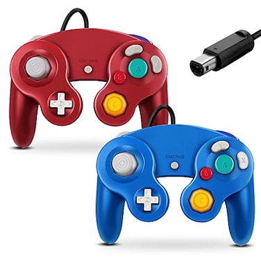 FIOTOK Gamecube Controller Classic Wired Controller for Wii Nintendo Gamecube Blue Red2Pack