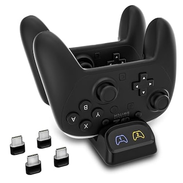 HEATFUN Switch 2 Pro Controller Charger Dock Dual USBC Charging Station for Switch Pro Controller Compatible with PS5 Xbox Series XS and Elite Series 2 LED Indicators USBC Adapters Included