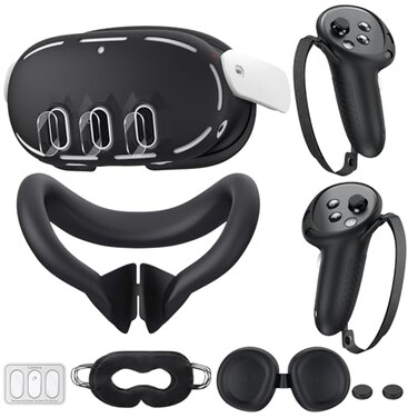 KANG YU Silicone Cover Compatible with MetaOculus Quest 3 Accessories VR Silicone Face Cover VR Shell CoverTouch Controller Grip CaseCamera Lens Protector Set Black