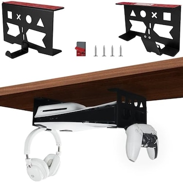 Chanvoo Aluminum Under Desk Mount for PS5PS5 Slim PS5 Pro Digital Disc Securing Under Desk Bracket with Detachable Controller Headphone Holder Kit No Drill Black