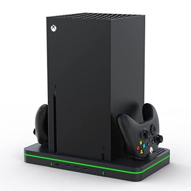 CODOGOY Charging Stand with Cooling Fan Vertical Stand Compatible with Xbox Series XS Console and Controller Vertical Dual Controller Charger Station Dock Accessories with 3 USB PortsBlack