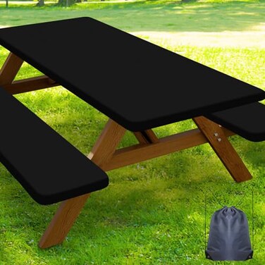 Smiry Picnic Table Cover with Bench Covers Waterproof Elastic Fitted Polyester Tablecloths for 6 Ft Rectangle Tables Washable Windproof Tablecloth for Camping RV Outdoor Black 30x72 Inches