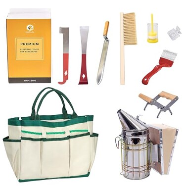BeeCastle 9 Pcs Beekeeping Tools Kit with Organizer Tote for Beekeepers Necessary Beekeeping Supplies Bee Keeping Starter Kit Includes Bee Smoker Kit and Beehive Tools