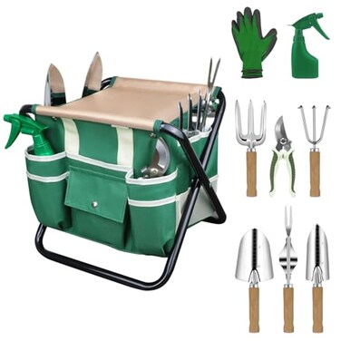 LeMotech Garden Tool Set10 Pieces Heavy Duty Gardenting Tool Kit Folding Stool with Detachable Tote Bag Thicker Stainless Steel Tools TransPlanterTrowelWeeder etc for Women Men