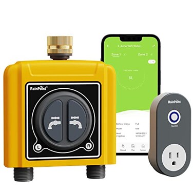RAINPOINT WiFi Water Timer with Brass Inlet 2 Outlets Sprinkler TimerAutomatic Irrigation System Controller APP Voice Control Irrigation by WeatherQuantitySoil Moisture