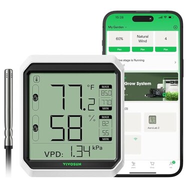 VIVOSUN AeroLab THB1S Wireless Bluetooth Hygrometer Thermometer Indoor VPD Digital Temp Humidity Meter LCD Smart App Control Alert Data Storage Dual Channels with Sensor Probe Battery Included