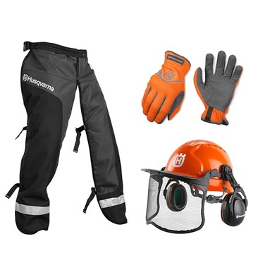 Husqvarna 590091101 Classic Personal Protective Power Kit with Chainsaw Chaps Forest Helmet and Safety Gloves Chainsaw Safety Equipment Gifts for Men