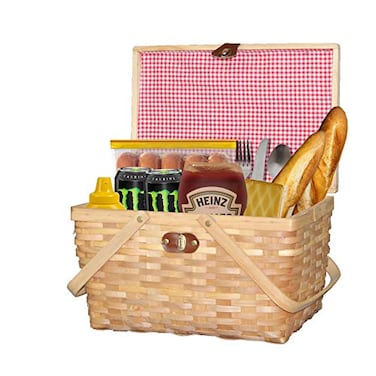 Vintiquewise Wickerwise Gingham Lined Woodchip Picnic Basket with Lid and Movable Handles