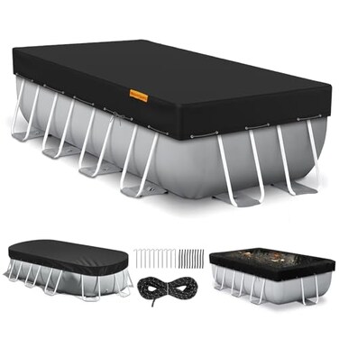 HIGHTQURO Rectangular Pool Cover for Above Ground PoolsSolar Oval Pool Cover Protector with Ground Nails and Windproof Ropes Increase StabilityWaterproof and Dustproof 9x18Ft Black