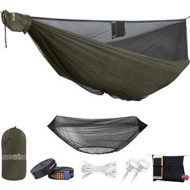 onewind 11ft Camping Hammock with Bugnet Portable Double Hammock with Mosquito Net Backpacking Hammock with Net Adjustable Ridgeline Tree Straps for Outdoor Hiking Backpacking OD Green