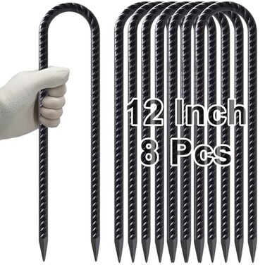 VVOKGO Trampoline Stakes 12 Inches Anchors High Wind Heavy Duty 8Pack U Shaped Tie Down Anchor Kit for Ground Camping Tent Soccer Net Swing Set Black