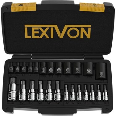LEXIVON Master Torx Bit and Socket Set Premium S2 Alloy CrV Steel 25Piece Bit Socket T8T60 ETorx E4E22 HeavyDuty Storage Case LX148