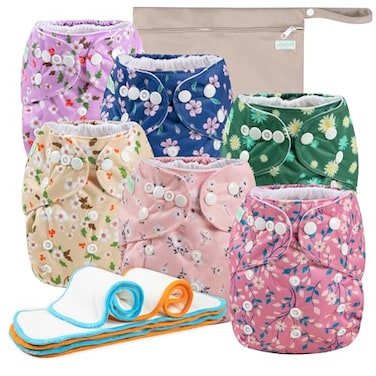 Wegreeco Cloth Diapers 6 Pack with Inserts Wet Bag Washable Reusable Diapers for Babies One Size Adjustable Chrysanthemum