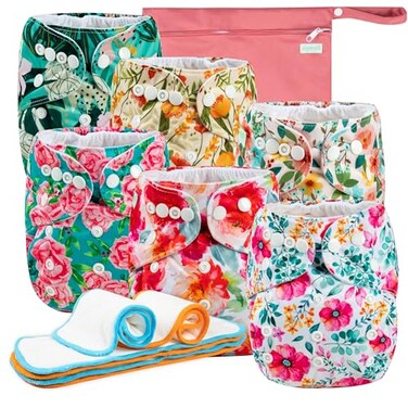 Wegreeco Cloth Diapers 6 Pack with Inserts Wet Bag Washable Reusable Diapers for Babies One Size Adjustable Chinese Rose