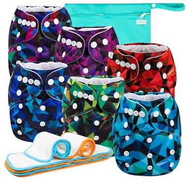 Wegreeco Cloth Diapers 6 Pack with Inserts Wet Bag Washable Reusable Diapers for Babies One Size Adjustable Abstract Geometrical