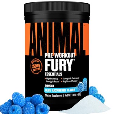 Animal Fury Pre Workout Powder Supplement for Energy and Focus 5g BCAA 350mg Caffeine Nitric Oxide Without Creatine Powerful Stimulant for Bodybuilders Blue Raspberry
