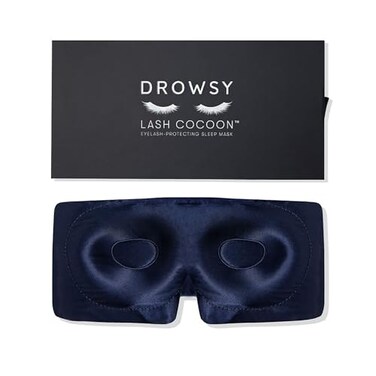 DROWSY Eyelash Protecting Silk Sleep Mask for Natural Lashes Extensions Deep Eye Cups Zero Pressure Total Blackout Full Wraparound Midnight Blue