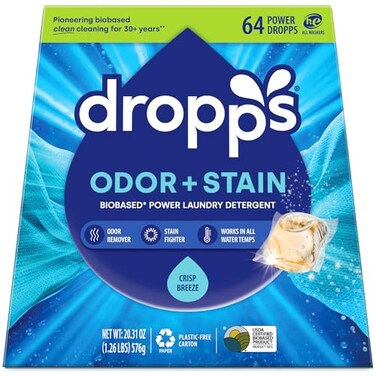 Dropps Odor Stain Laundry Detergent Pods Crisp Breeze 64 Count Powerful Laundry Pods Complete Clean Laundry Soap Fights Odors Stains Clean Ingredients Plastic Free Packaging