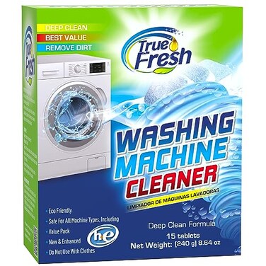 True Fresh Washing Machine Cleaner Descaler 15 Pack Tablets Deep Cleaning Deodorizer for HE Front Top Load Washers Eliminates Odor Buildup Residue Grime Cleans Drum Pump Valve Hoses Septic Safe