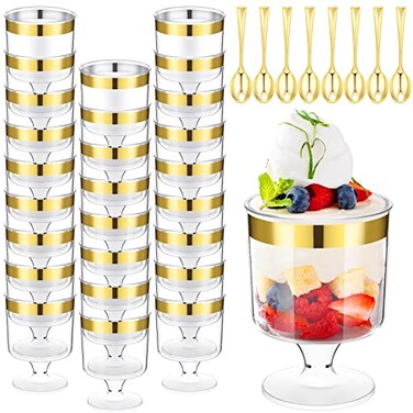Yinder 200 Pcs Mini Dessert Cups with Spoons Include 100 Disposable Plastic Mousse Cups 100 Tasting Spoons Clear Plastic Parfait Glasses Dessert Bowls for Wedding Party5 OzGold