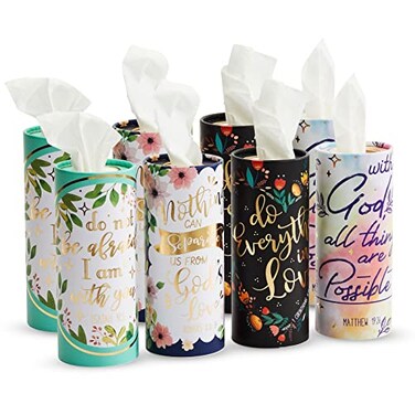 Zodaca 8Pack Car Tissues Cylinder Boxes Round Travel Wipes for Car Cup Holder 50 Tissues Per Container Gold Foil Scripture Design