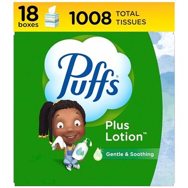Puffs Facial Tissues Plus Lotion 18 Cube Boxes 56 Facial Tissues per Box Allergies and Colds Packaging May Vary