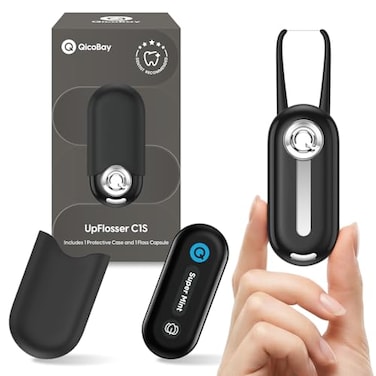 QicoBay UpFlosser C1S Reusable AutoRestringing Flosser with Replaceable Floss Capsule Quick Deep Clean Portable OnTheGo Flosser Recyclable ZeroWaste Design Super Mint Abyss Black