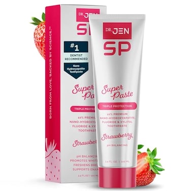 Dr Jen Super Paste Toothpaste with Fluoride 10 Premium Nano Hydroxyapatite Xylitol Strawberry SLS Free Vegan Dentist Designed Essential Oils Fresh Clean Feel 1 Pack