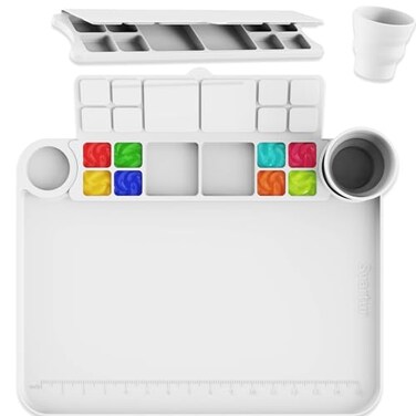 Svartur Silicone Painting Mat with Cup and Palette Removable 17X13 Thick Silicone Art Mat for Craft with Raised Edge for Resin DIY Making White