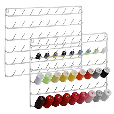 YBING Thread Holder Wall Mount 54 Spools Sewing Thread Rack Embroidery Thread Organizer Rack Sewing Thread Holder White with Hanging Tools for Quilting Braiding Hair Metal 2 Pack