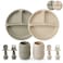 PandaEar Silicone Baby Feeding Set 2 Pack Silicone Divided Suction Plate and 2 Pack Tiny Cup with 2 Spoons 2 Forks Baby Led Weaning Supplies Self Feeding Eating Utensils Light TanWalnut