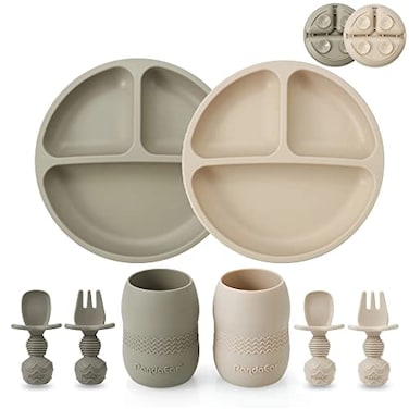 PandaEar Silicone Baby Feeding Set 2 Pack Silicone Divided Suction Plate and 2 Pack Tiny Cup with 2 Spoons 2 Forks Baby Led Weaning Supplies Self Feeding Eating Utensils Light TanWalnut