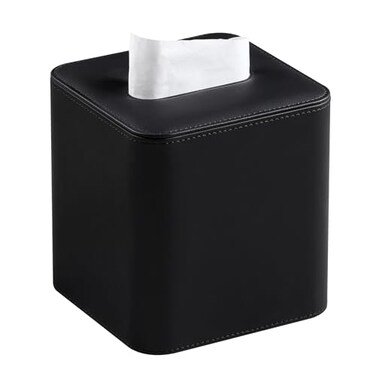 MEIBOOCH PU Leather Tissue Box Cover with Magnetic Closure Square Tissue Box Holder with Rounded Edges Design Black Square