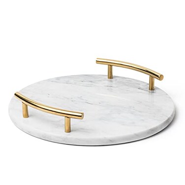 ATP MODERN White Marble Tray with Gold Handles Elegant Solid Marble Chic Modern Elegant Round Vanity Tray for Bathroom