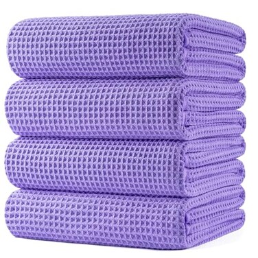 POLYTE 430 GSM Microfiber Oversize Quick Dry Lint Free Bath Towel 60 x 30 in 4 Pack Waffle Weave